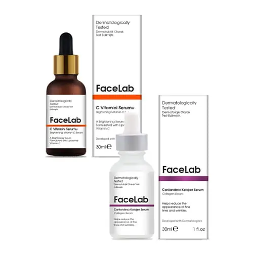 Facelab Kirkastava C-vitamiiniseerumi, 30 ml + Ikääntymistä ehkäisevä kollageeniseerumi, 30 ml 1 floz Älä Missaa