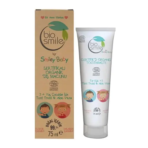 BioSmile Bio Smile luomuhammastahna +3 vuotta Tutti Frutti ja Aloe Vera 75 Ml (2,58floz) Edullinen Hinta