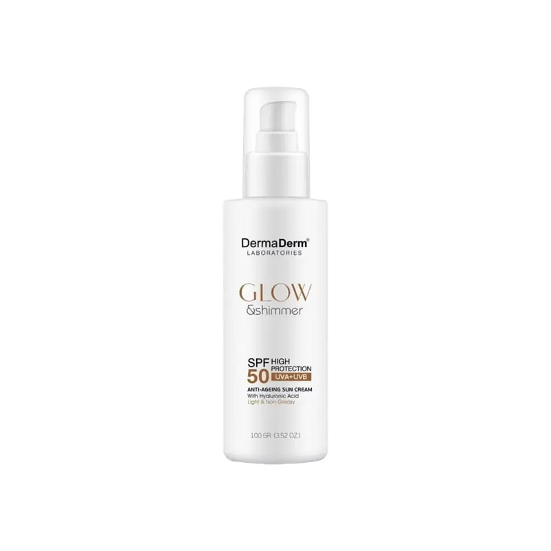 DermaDerm Hehkuva ja hohtava ikääntymistä ehkäisevä aurinkovoide SPF 50 100 g (3.53 oz) Sertifioitu